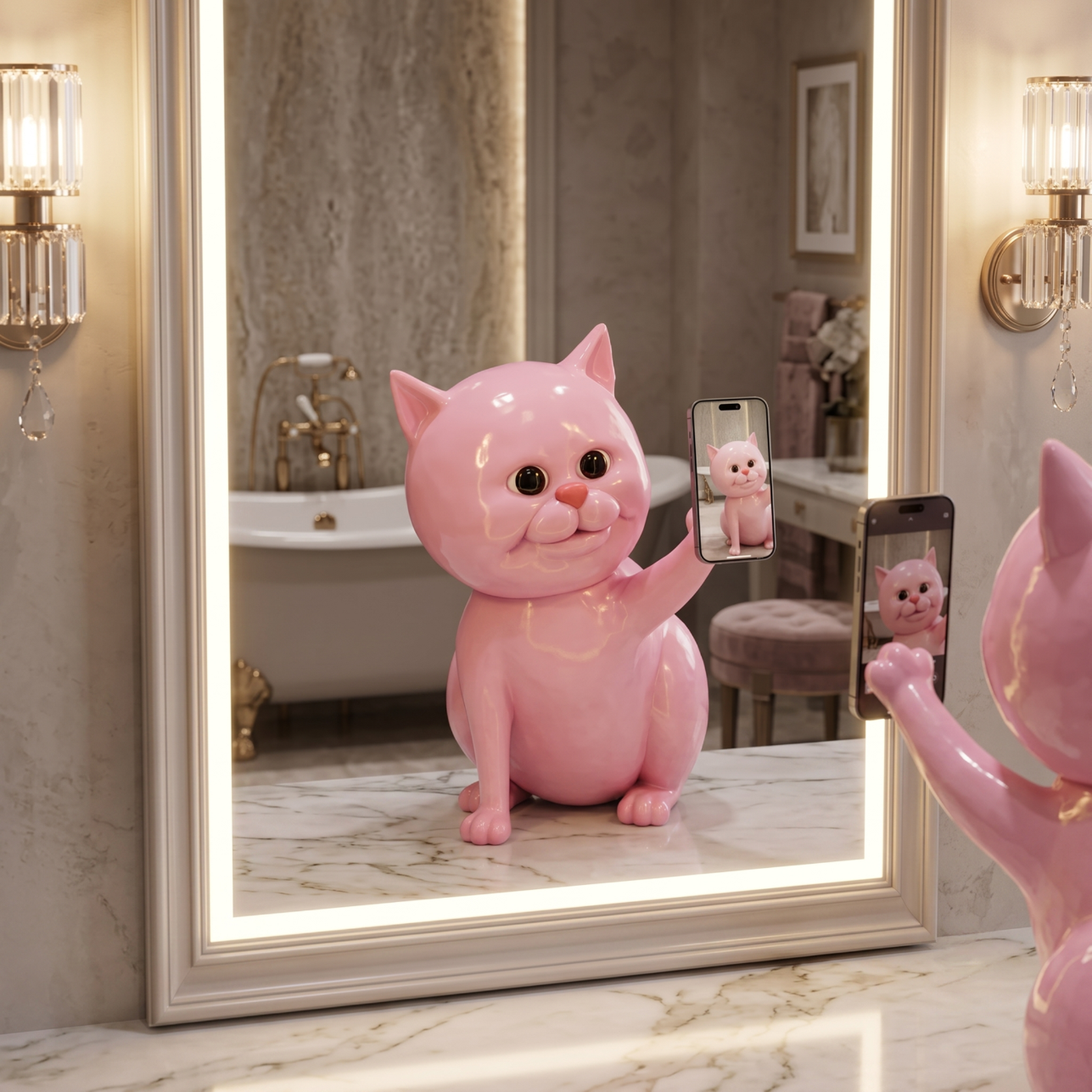 Botox Cat taking a mirror selfie in a luxury bathroom